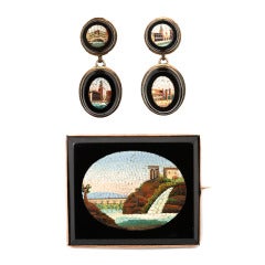 Antique Water Theme Micro Mosaic Gold Brooch and Earrings