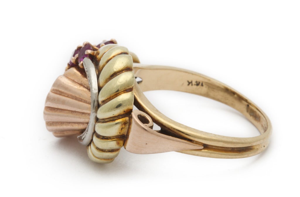 Women's 1940s Ruby Diamond Gold Cornucopia Ring