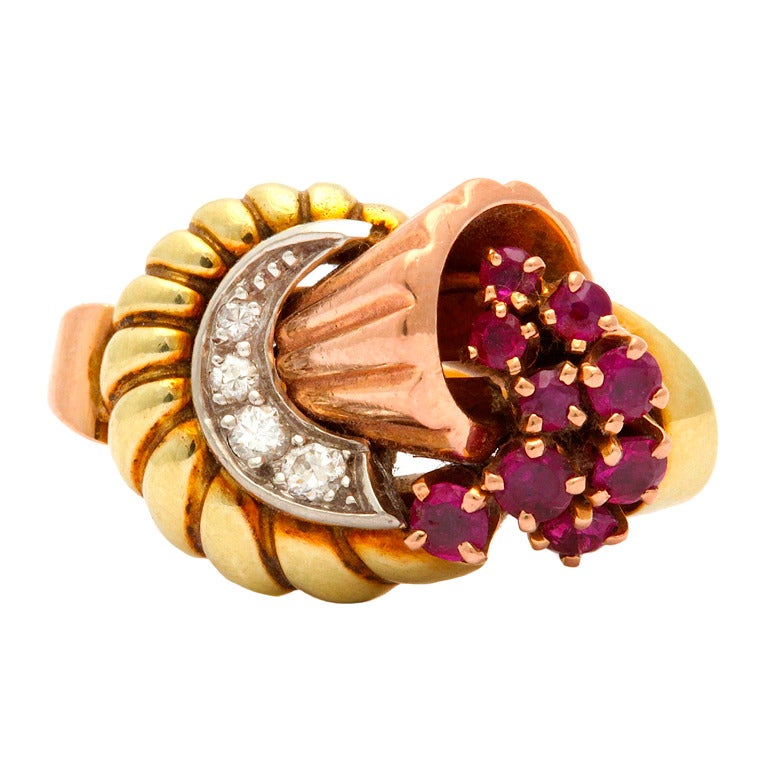 1940s Ruby Diamond Gold Cornucopia Ring