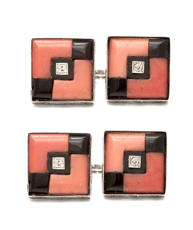 Art Deco Coral Onyx Platinum Cuff Links