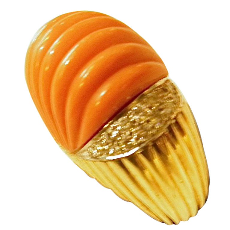 Large Fluted Carved Coral Diamond Ring