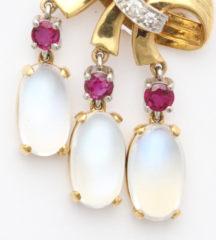 1940s Raymond Yard Moonstone Ruby Gold Ear Clips In Excellent Condition In New York, NY