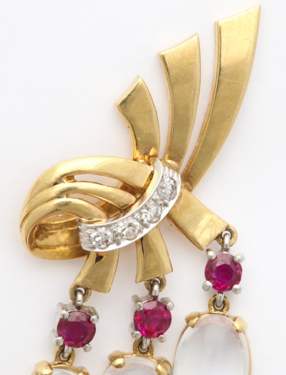 Women's 1940s Raymond Yard Moonstone Ruby Gold Ear Clips