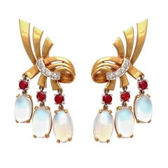 1940s Raymond Yard Moonstone Ruby Gold Ear Clips 6