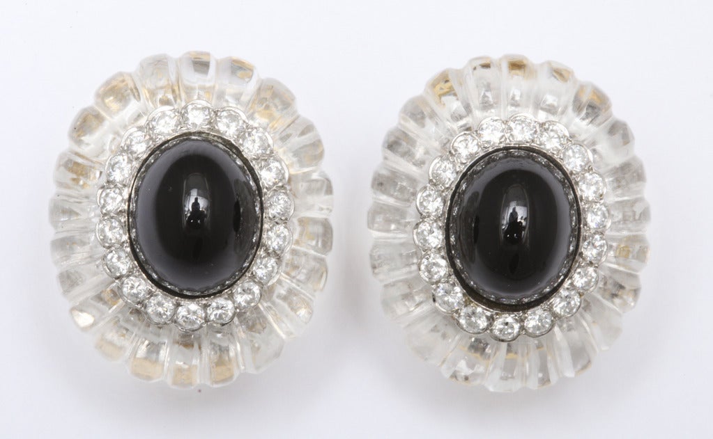 Art Deco 1973 Cartier Rock Crystal Black Jade Diamond Ear Clips and Ring