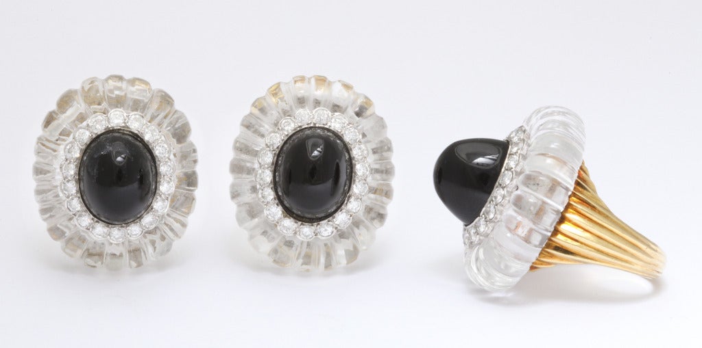 1973 Cartier Rock Crystal Black Jade Diamond Ear Clips and Ring In Excellent Condition In New York, NY