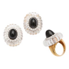 1973 Cartier Rock Crystal Black Jade Diamond Earclips and Ring 4