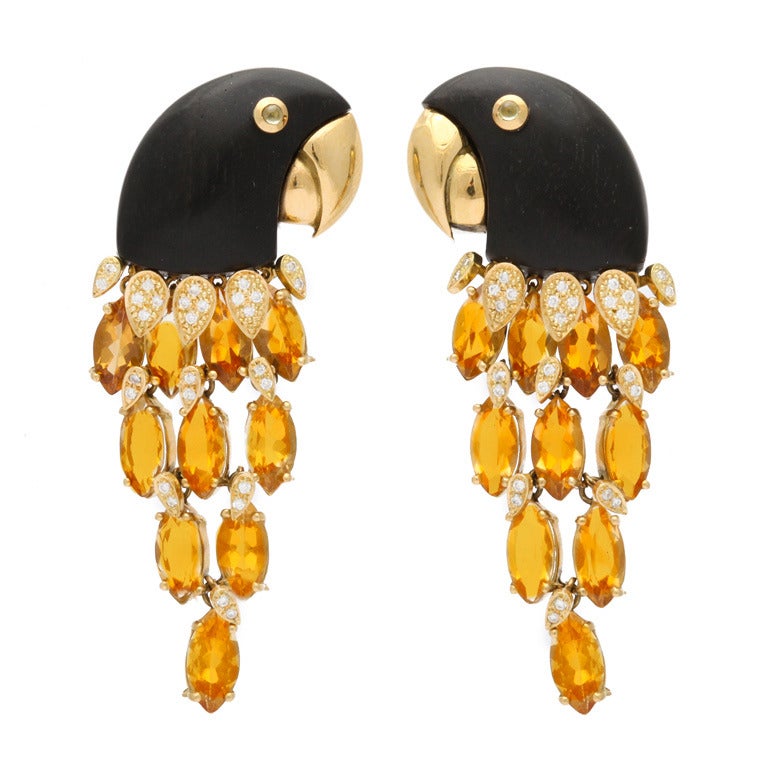 1980s L'Oree du Bois Ebony Citrine Diamond Gold Ear Clips