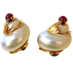 SEAMAN SCHEPPS (P.S.V.) Classic Shell Ruby and Sapphire Earclips