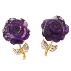 Carved Amethyst and Diamond Ear Clips