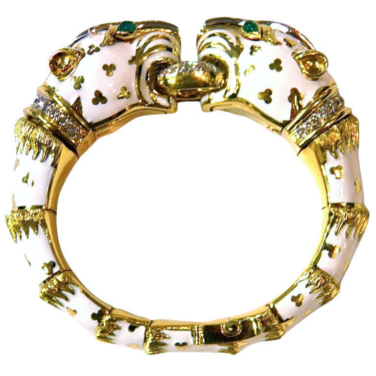 DAVID WEBB Original White Tiger Bracelet Diamonds and Emeralds