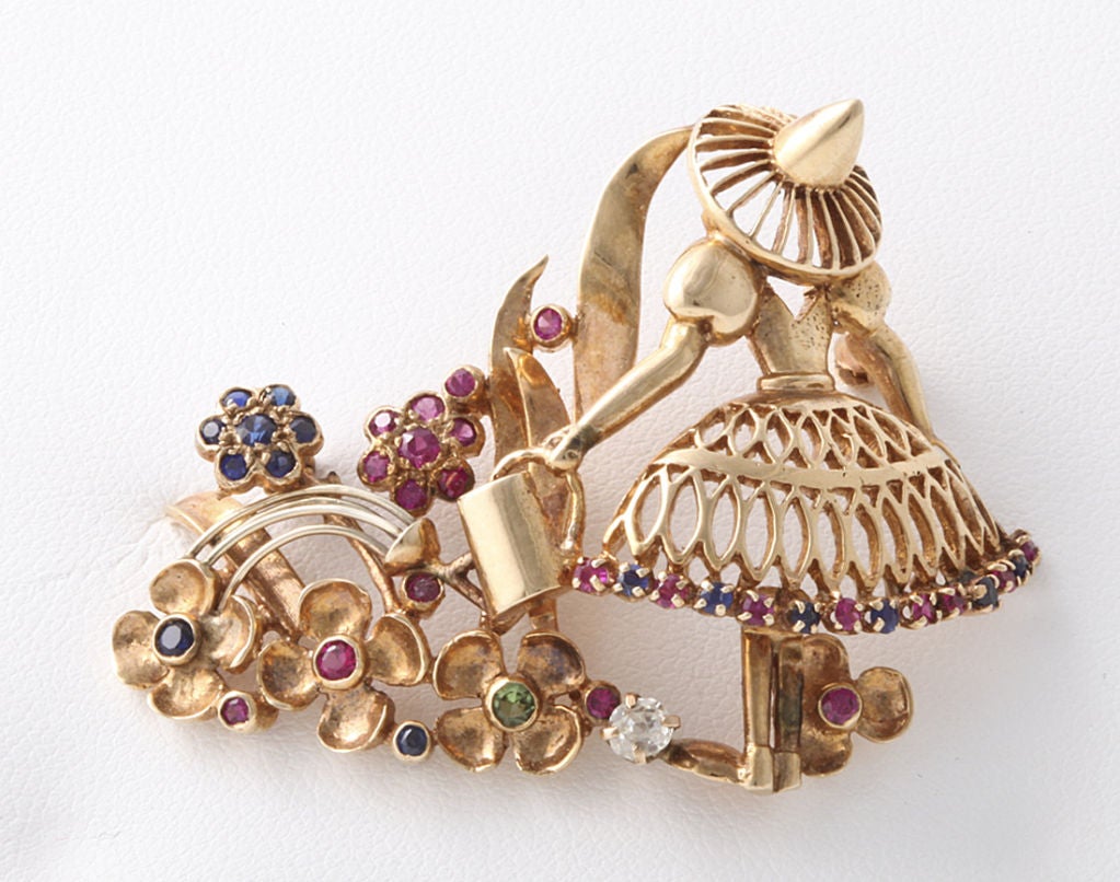 1940s Watering Can Girl 14K Brooch - Rubies, Sapphires, Diamond