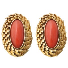Coral and !8KT Gold Earclips