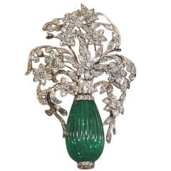 Carved emerald bead flower pot brooch, platinum & diamond