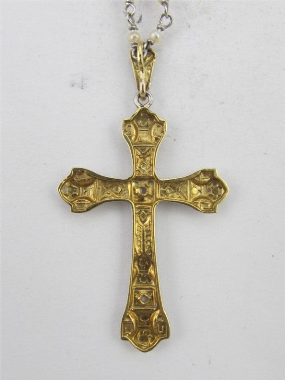 1890s Platinum Cross on Platinum and Pearl Chain Necklace