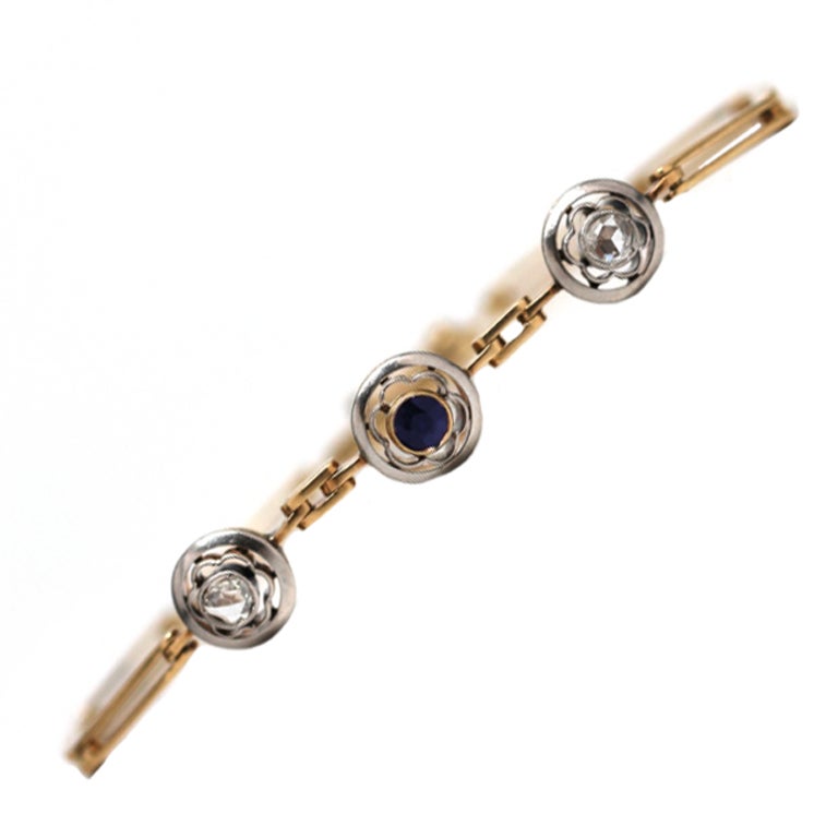 Platinum and Gold with Rose Cut Diamond and Sapphire Bracelet For Sale