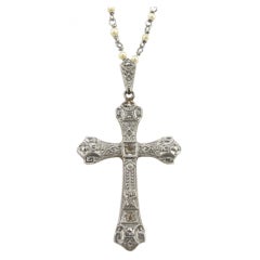 1890s Platinum Cross on Platinum and Pearl Chain Necklace