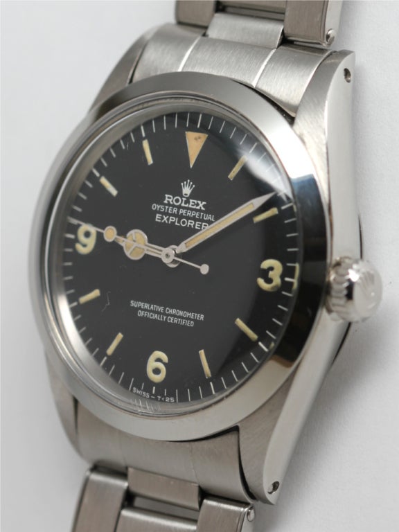 Rolex stainless steel Explorer Ref 1016, serial 1.75million, circa 1968. Beautiful condition original matte black dial with ivory-colored luminous indexes and matching hands. Calibre 1570 non-hacking chronometer rated movement. Riveted bracelet #