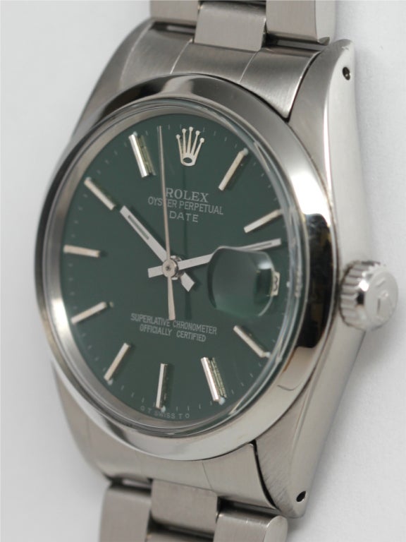 Rolex stainless steel Oyster Perpetual Date wristwatch, Ref. 1500, serial number 1.7 million, circa 1967. 34mm diameter case with smooth bezel and custom colored 