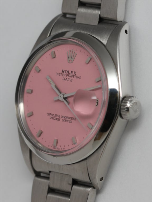 Rolex stainless steel Oyster Perpetual Date, Ref. 1500, circa 1969. 34mm diaameter case with smooth bezel and featuring custom-colored 