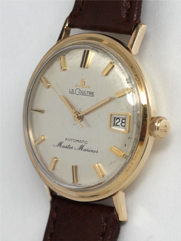 Jaeger-LeCoultre 14k yellow gold Master Mariner Automatic, circa 1960s. Size 34 X 41mm, waterproof-style two-piece case, Cal. K881 self-winding movement with sweep seconds and date, signed JLC crown, and original silvered satin dial with gold