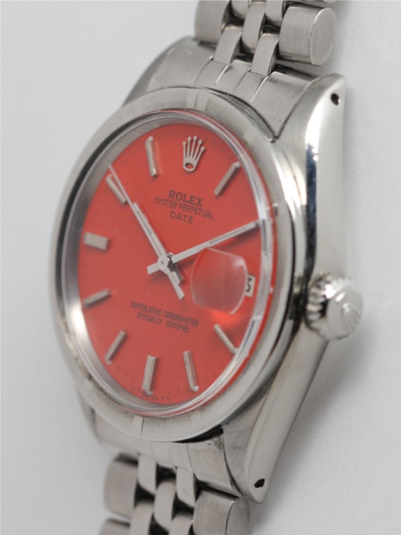 Rolex stainless steel Oyster Perpetual Date wristwatch, Ref. 1501, 34mm diameter case with engine-turned bezel and beautiful custom-colored 