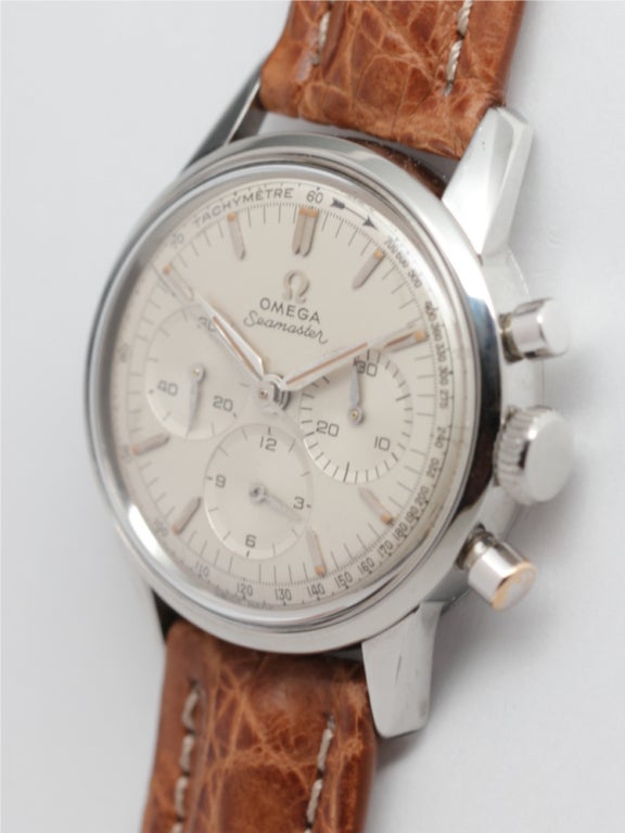 Omega Stainless Steel Seamaster Chronograph wristwatch, Ref 14364-1, 35mm diameter screw back case with round pushers and very popular calibre 321 manual-wind movement, three registers manual-wind movement, circa 1960s. Original silvered satin dial