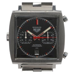 Retro HEUER Stainless Steel Monaco Grey Dial Automatic Chronograph Watch circa 1970s