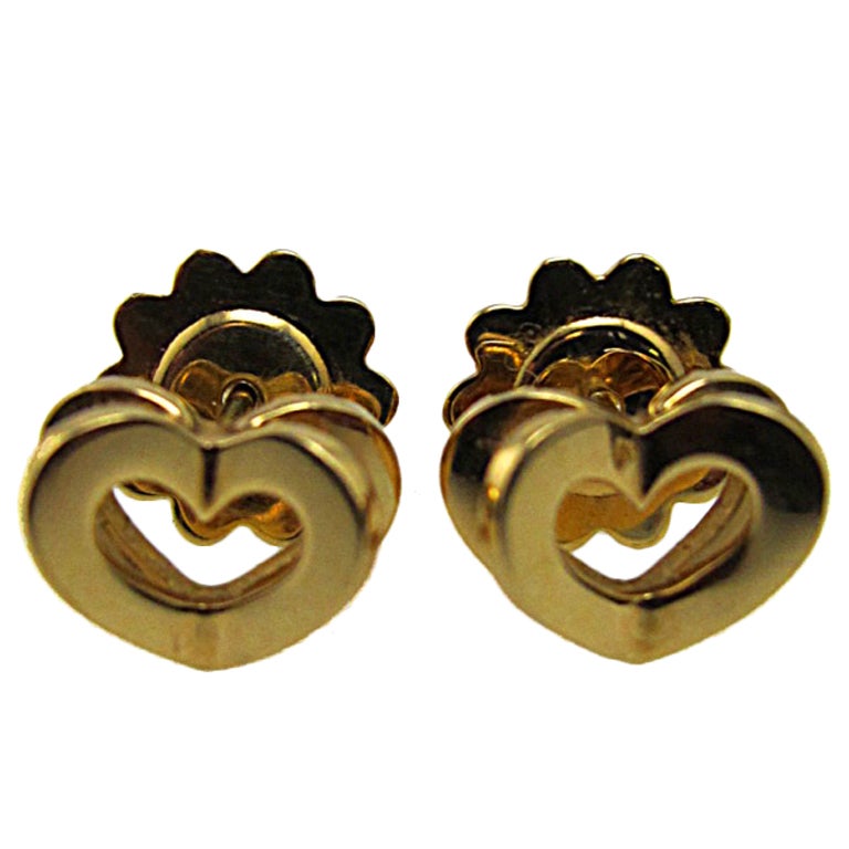 Double Heart Gold Earring Studs by "Asprey" For Sale