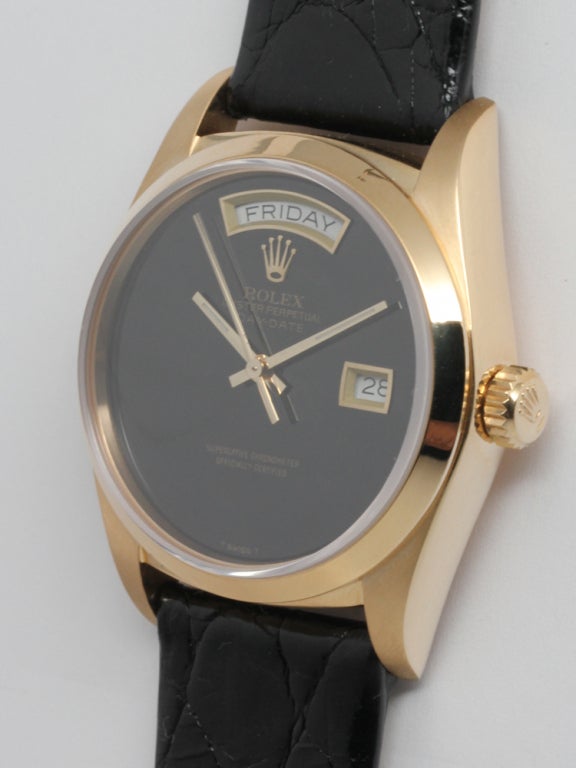 Rolex 18k yellow gold Day-Date President wristwatch, Ref. 18038, serial 8.9 million, circa 1986, with Rolex factory Onyx dial. 36mm diameter case with smooth bezel, sapphire crystal without raised cyclops date magnifier and quick set date movement.
