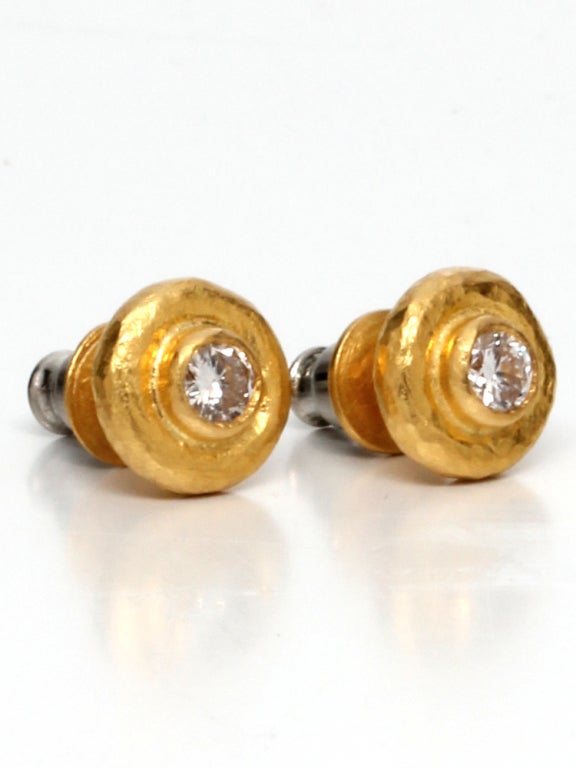 High carat bezel set diamond stud earrings, signed and stamped high carat gold by Gurhan.  Beautiful stones and very heavy fine gold work. #33760