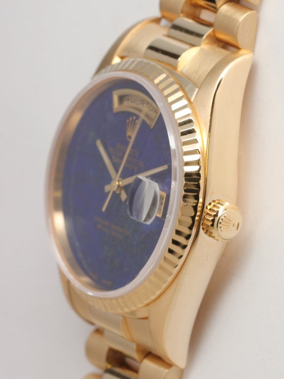 ROLEX Yellow Gold Day-Date Wristwatch with Custom Lapis Dial circa 1992