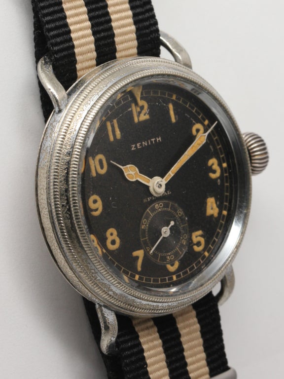 Zenith base metal chromium plated oversized aviator's wristwatch. 40 x 47mm case with large extended fixed lugs, screw-down milled rotating bezel with triangular index for elapsed time measurement, and screw-down case back. Beautiful condition