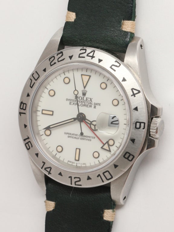 Rolex stainless steel Explorer II wristwatch, Ref. 16570, serial L5, circa 1988, white enamel dial with black luminous surrounds and patinaed luminous indexes and hands. With stainless steel heavy Oyster bracelet with flip lock clasp. Stk# 36815