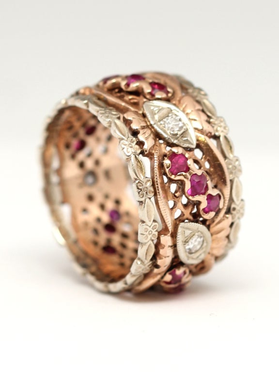 Antique rose gold band with diamonds and rubies at 1stdibs