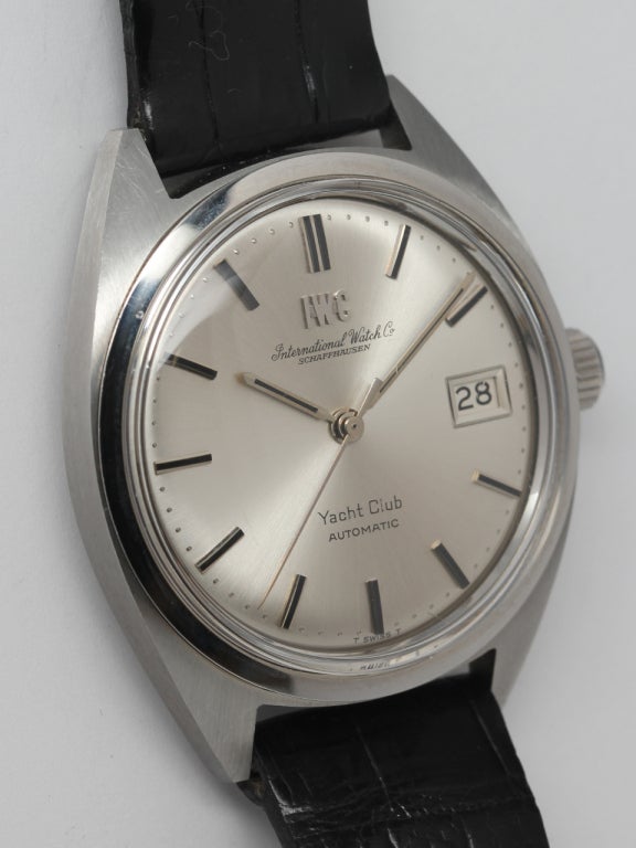 IWC stainless steel automatic Yacht Club wristwatch with date and sweep seconds, 36 X 43mm tonneau case, serial 1849165, signed original crown, dial signed Yacht Club Automatic and large IWC applied logo, mint original silvered satin dial with