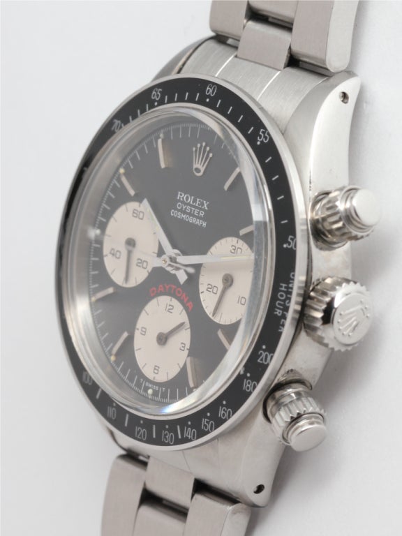 Rolex stainless steel Oyster Cosmograph Daytona chronograph wristwatch, Ref. 6263, serial 5.5 million, circa 1978. Great condition all original example with beautiful original matte black dial with white registers and large Daytona printed in red.