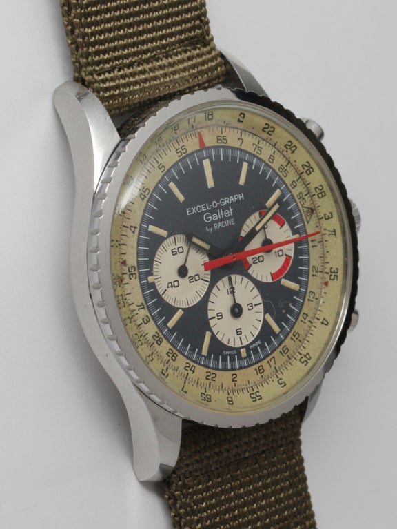 Gallet by Racine Excel-O-Graph stainless steel slide rule chronograph wristwatch, circa 1965. Oversized 43mm case also used for Breitling Navitimer, blue dial with white subdials and accents and slide rule bezel and patinaed inner ring. Gallet three