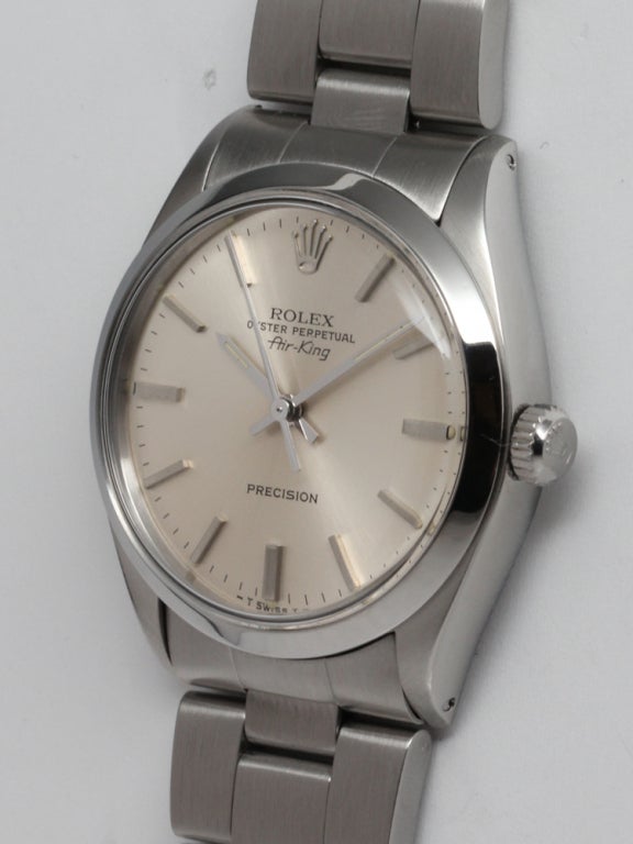 Rolex stainless steel Airking wristwatch, Ref. 5500, serial 7.2 million, circa 1982. 34mm diameter case with acrylic crystal and original silvered satin dial with applied indexes and baton hands. Self-winding calibre 1520 movement with sweep