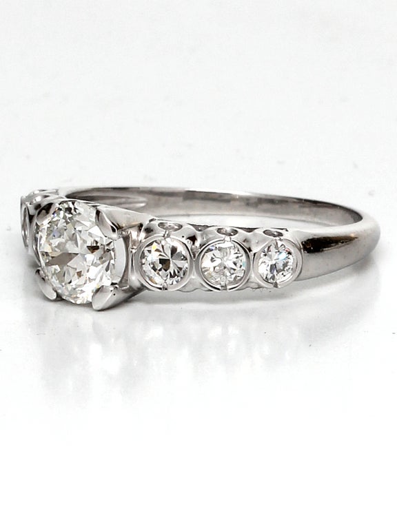 Women's 1940s Platinum and Old European Cut Diamond Engagement Ring 0.72 Carat G-SI2 For Sale