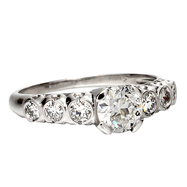 1940s Platinum and Old European Cut Diamond Engagement Ring 0.72 Carat G-SI2 For Sale