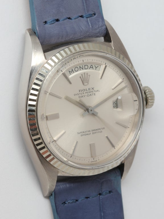 Rolex 18k white gold Day-Date President wristwatch, Ref. 1803, 36mm diameter case with 18k white gold fluted bezel and acrylic crystal. Original silvered satin pie pan dial with applied indexes and baton hands. Self-winding movement with sweep