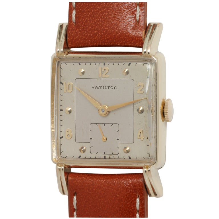 Hamilton Gilt Square Wristwatch with Fluted Lugs