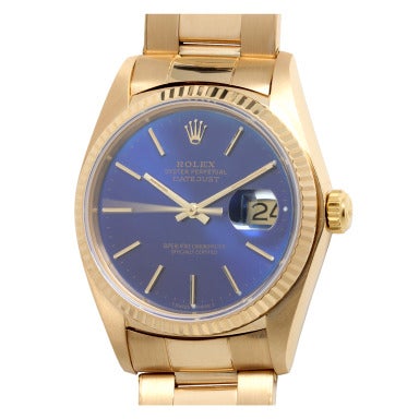 Rolex Yellow Gold Datejust Wristwatch circa 1978 Custom Colored Blue Dial