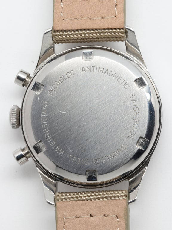 Gorgeous Gallet stainless steel two-register manual-wind military chronograph wristwatch, circa 1950s. 35 X 44mm case with screw back and round pushers. Beautiful condition original black dial with luminous baton indexes and white printing. Offered
