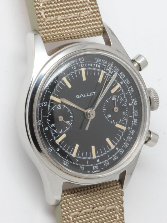 Gallet Stainless Steel Military Chronograph Wristwatch circa 1950s In Excellent Condition In West Hollywood, CA