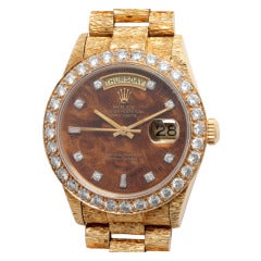 Rolex Gold Day-Date Wristwatch with Customized Finish, Wood and Diamond Dial