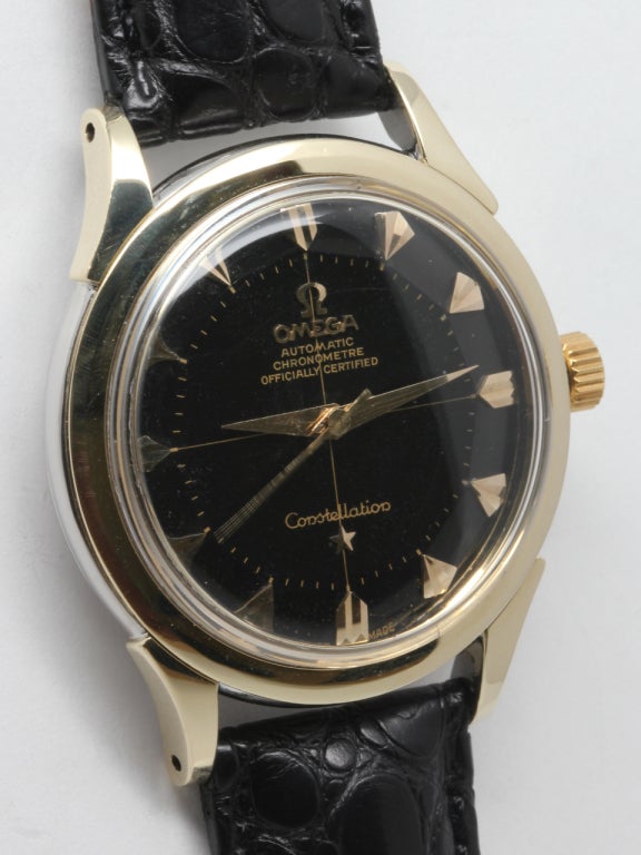 Omega Constellation, circa 1959. Gold top and stainless steel case back. Beautiful original black dial with gold printing and cross-hair design, over-sized indexes, tapered alpha hands. Self-winding 505 chronometer-grade movement with sweep seconds.