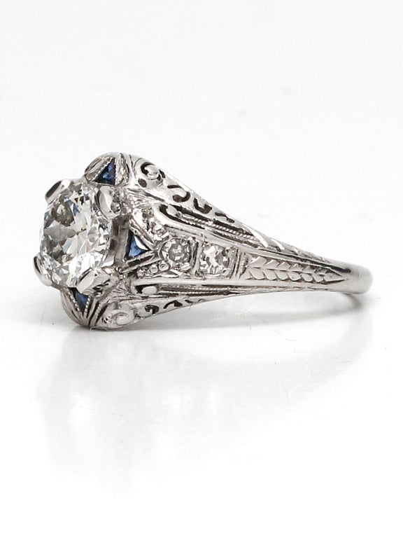 Women's Art Deco Platinum Diamond and Sapphire Solitaire Ring, circa 1920s For Sale