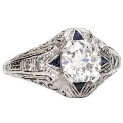 Art Deco Platinum Diamond and Sapphire Solitaire Ring, circa 1920s